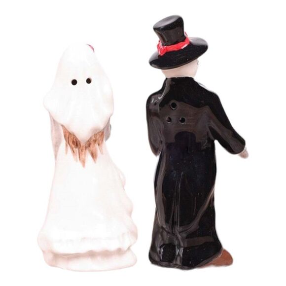Stoneware Sugar Skull Wedding Couple Salt and Pepper Set by Cracker Barrel - Picture 3 of 3